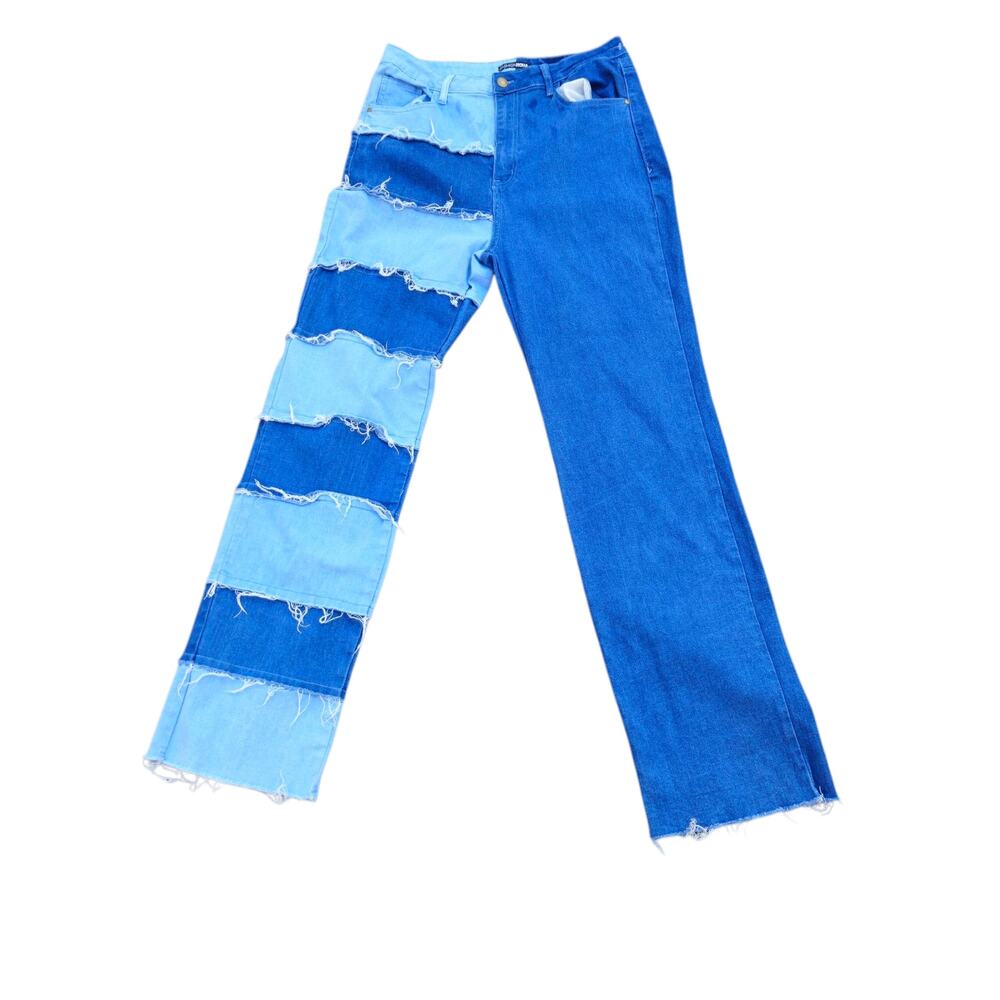 Fashion Nova Breaking Barriers Patchwork Straight Fit Denim Pants - Blue Size 15